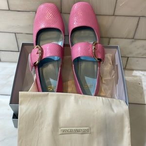 Frances Valentine shoes size 9.5 fits a 9.  Pink with gold buckle and gold heel.